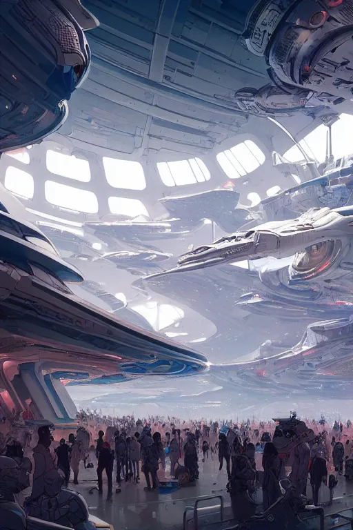 Image similar to the interior of a futuristic spaceport, large crowd of people, by kim jung gi and greg rutkowski, rule of thirds