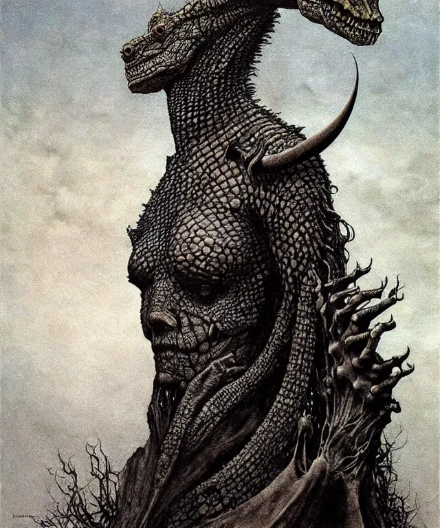 Image similar to A detailed horned crocodilewoman stands among the cosmos. Wearing a ripped mantle, robe. Perfect faces, extremely high details, realistic, fantasy art, solo, masterpiece, art by Zdzisław Beksiński, Arthur Rackham, Dariusz Zawadzki