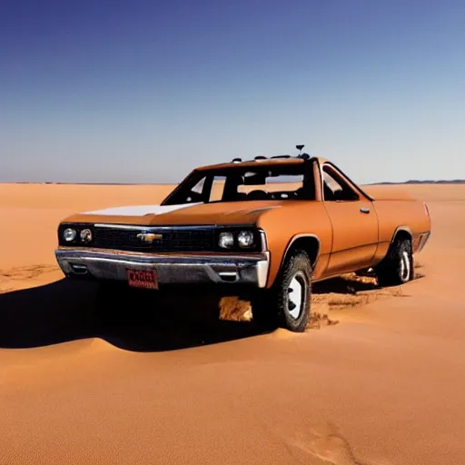 Image similar to a chevy el camino, stuck in sand, in the desert, dunes