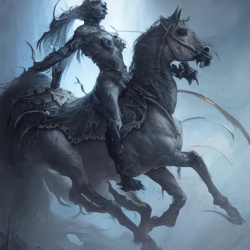 Image similar to concept art by artgerm, death of the four horsemen of the apocalypse, soft grey and blue natural light, intricate, queen of death riding, highly detailed dark art, digital painting, artstation, concept art, smooth, sharp focus, illustration, art by greg rutkowski and luis rollo and uang guangjian and gil elvgren, symmetry!