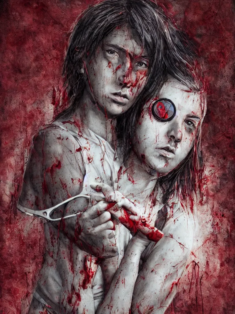 Image similar to young adult woman playing tennis, cyberpunk, painful, portrait, cardboard, blood stains on shirt, blood on tennis court, bleeding audience, illustration, traditional drawing style, dramatic mood, textured canvas, highly detailed, fine art, melancholic art, oil pastels, 8 k render octane high definition cgsociety