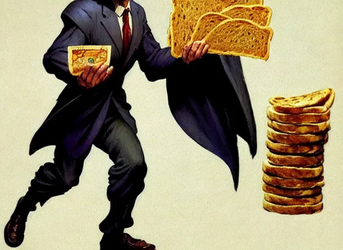 Image similar to magic : the gathering fantasy character concept art of the great businessman by frank frazetta, high resolution. a clear portrait of powerful, business man wearing a business suit, holding a wad of money made out of bread, magical bread and toast money swirling around, fantasy coloring, intricate, digital painting, artstation, smooth, sharp focus