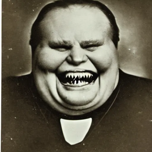 Image similar to antique photograph of an evil catholic priest, cracked and faded photo paper, morbidly obese, crazy eyes wide open, horror, staring at the camera, evil smile, sharp teeth, headshot, dark background, low light, dark