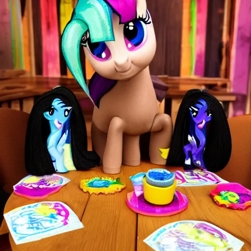 Image similar to Ponies from My Little Pony sitting at a table