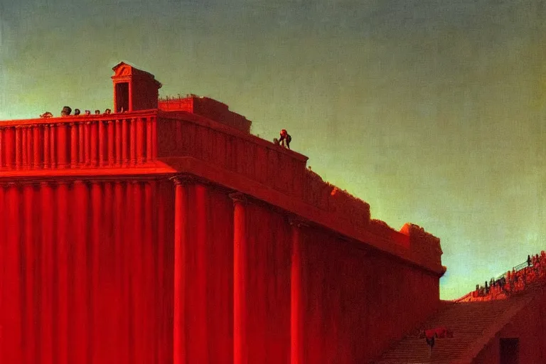 Image similar to only with red, a red melted emperor, taormina amphitheatre, crowd hails him, in the style of beksinski, parts by edward hopper, parts by rodcenko, parts by yue minjun, intricate and epic composition, red by caravaggio, insanely quality, highly detailed, masterpiece, red light, artstation, 4 k