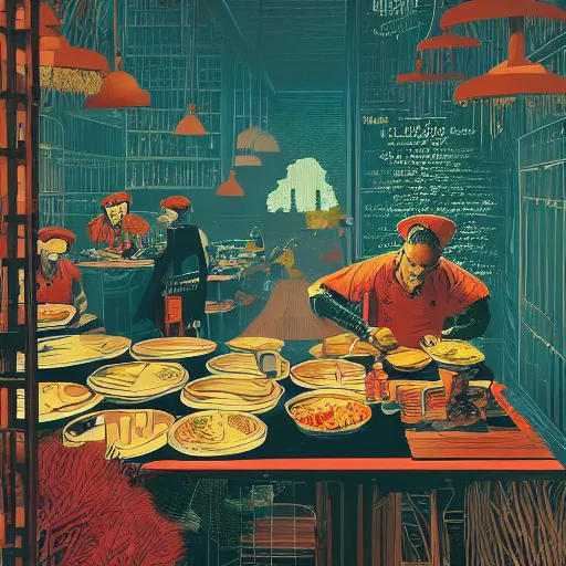 Image similar to illustration of Courageous chef's kitchen, by Victo Ngai and James Gilleard and Bruce Pennington