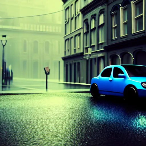 Prompt: blue car, street, rain, sun. super realistic 8 k render of a dark hooded powerful elegant, cinematic composition