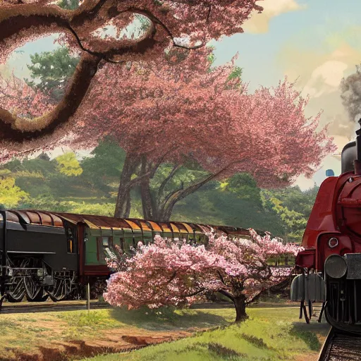 Image similar to concept art painting of a historic transverse view of a steam train, the train carries a cherry tree in flower, realistic, detailed, cel shaded, in the style of makoto shinkai and greg rutkowski and james gurney