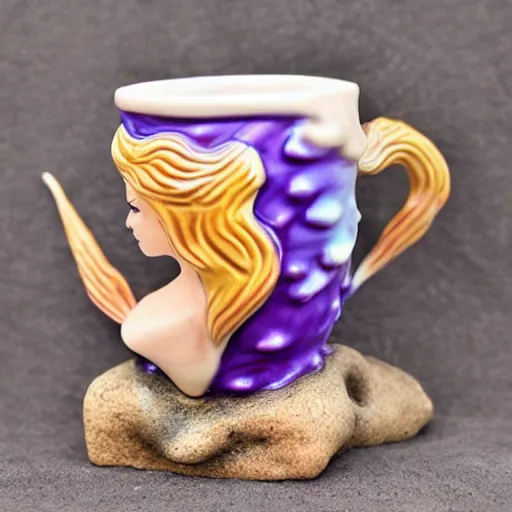 Prompt: an amazing ceramic realistic mermaid sculpture mug, creative, beautiful, award winning design, functional, colorful