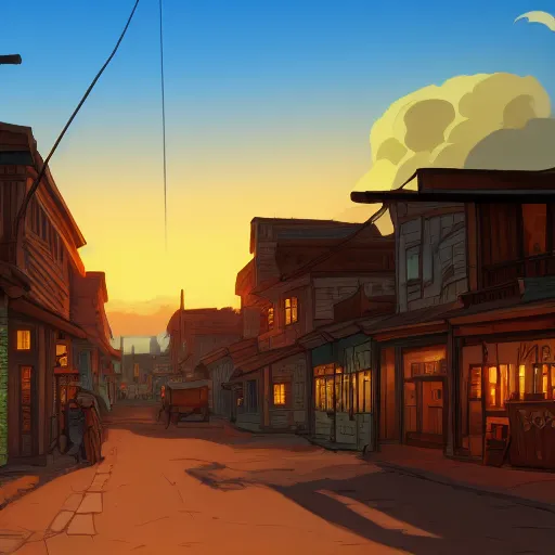 Prompt: a western town at sunset illustration of a picture of a western town at sunset royalty, a digital rendering by Studio Ghibli, shutterstock contest winner, ashcan school, 2d game art, playstation 5 screenshot, matte drawing