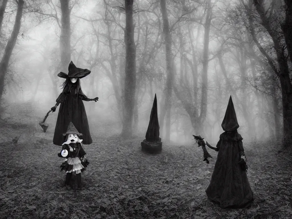 Image similar to cute gothic fumo plush witch girl ventures deep into the forbidden forest, black and white, ancient pagan monument summoning circle, volumetric fog and smoke, the bog of dark abyss, vray
