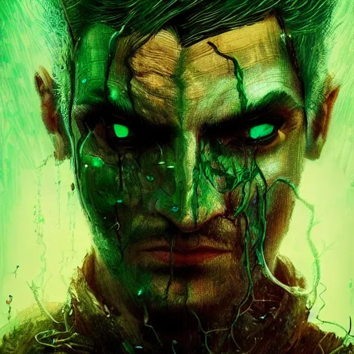 Prompt: ominous man, wearing mask made of green polished emerald rendered in unreal engine, movie shot from the witcher, dnd universum, dark fantasy, painted by carne griffiths and beksinski