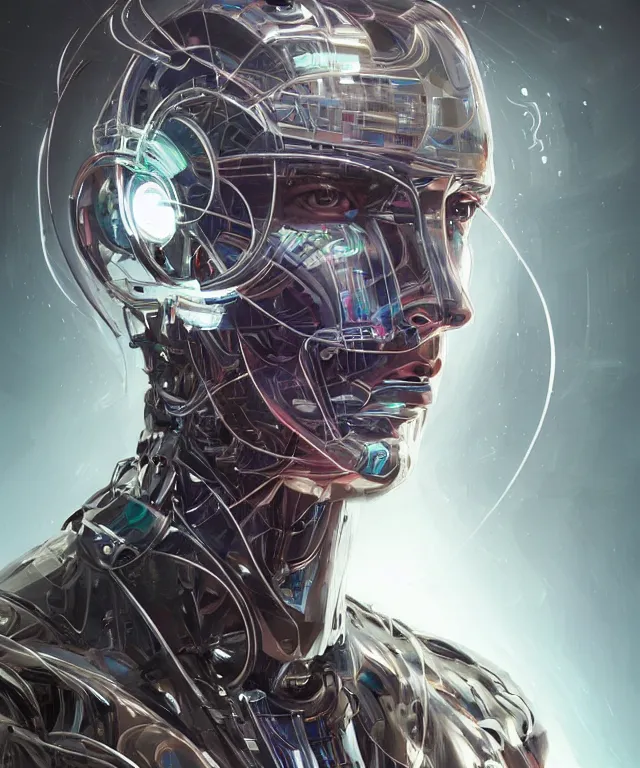 Image similar to a man turning into an android portrait wearing a part cybernetic body, surrealism, scifi, intricate, elegant, sharp eyebrows, highly detailed cybernetic body, neon glowing eyes, digital painting, artstation, concept art, smooth, sharp focus, illustration, art by artgerm and moebius and peter mohrbacher