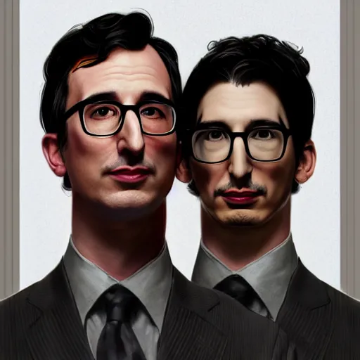 Image similar to photo booth of 2 people, john oliver on left, adam driver on right, full body, elegant, beautiful, highly detailed, centered, dark, smokey, digital painting, concept art, smooth, sharp focus, illustration, deviant art, art by artgerm, art by greg rutkowski, art by alphonse mucha