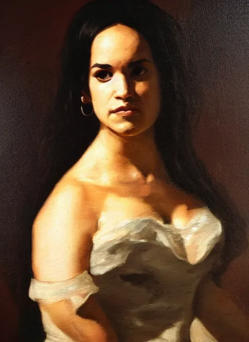 Prompt: unnerving realistic oil painting portrait of Melissa Fumero by Francisco de Goya, realistic, dramatic backlighting