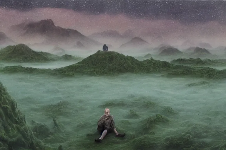 Prompt: Haunting horrifying hyperrealistic detailed painting of an ultrawide landscape showing a tall pale man sitting atop a mountain of humans in a foggy hellscape with spread out lakes of green gelatinous liquid reflective and goop, eyeballs bulging, stars in the sky, a galaxy in the sky, dystopian feel, heavy metal, disgusting, creepy, unsettling, in the style of Michael Whelan and Zdzisław Beksiński, lovecraftian, hyper detailed, trending on Artstation