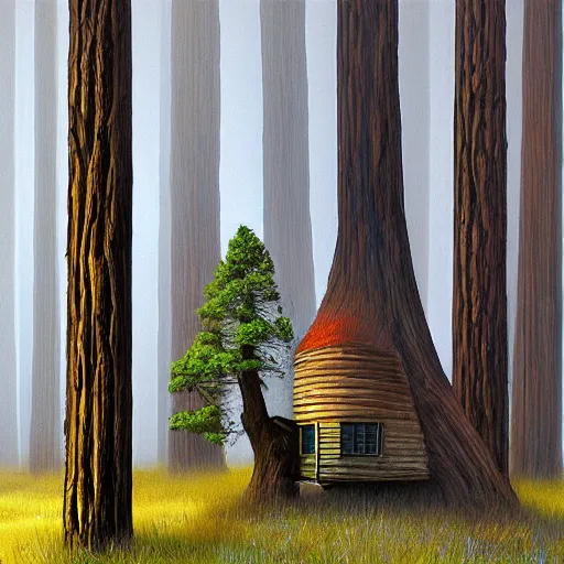 Image similar to treehut in a redwood by alex andreev, landscape, high contrast, digital