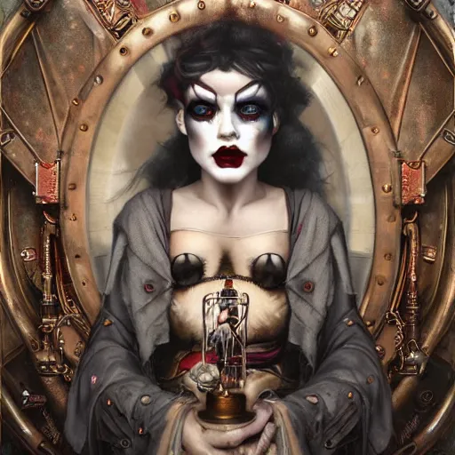 Prompt: by tom bagshaw, ultra realist soft painting of sci fi carnival of curiosities, single steampunk mutated as a dollpunk clown in a full body gothic robe, partial symmetry accurate features, very intricate details, focus, curvy, award winning, ultra dense fog