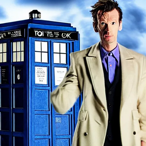 Prompt: image of 10th doctor and tardis