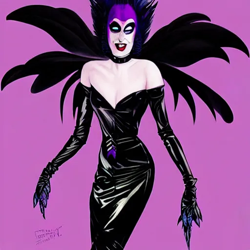 Prompt: portrait soft light, disney villain goth woman space supervillain in black and purple leather dress, black feathers instead of hair, black wings instead of arms, black feathers growing out of skin, transforming, grinning lasciviously, evil, sexy, by frank mccarthy and conrad roset, inspired by flash gordon, paintbrush, rough paper, fine,