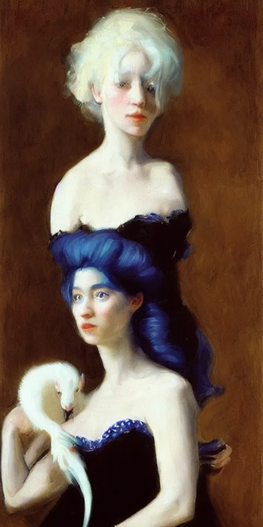 Image similar to “ a portrait of a blue haired girl holding an albino rat, very detailed, oil painting, madame x, dark background, by of john singer sargent ”