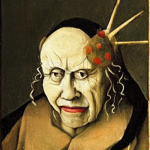 Image similar to close up on queen elizabeth face painted as a poor beggar by hieronymus bosch