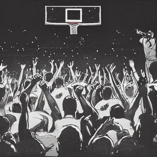 Prompt: concept art of an old school hip hop concert taking place on a basketball court behind a large brick apartment at night, many people dancing with their hands in the air, a rapper is standing on stage yelling into the mic, a dj with audio equipment at the back of the stage, in the style of frank frazetta