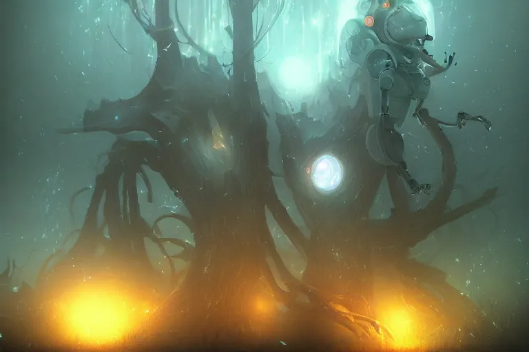 Image similar to a robotic tree humanoid, cute, dark fantasy, foggy, misty, ambient lights, dark lights, moon glow, digital art, video game character, league of legends, glows,