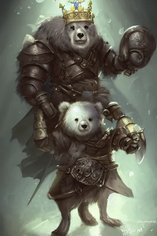 Image similar to cute little anthropomorphic bear knight wearing a cape and a crown, tiny, small, miniature bear, baby animal, short, pale blue armor, cute and adorable, pretty, beautiful, DnD character art portrait, matte fantasy painting, DeviantArt Artstation, by Jason Felix by Steve Argyle by Tyler Jacobson by Peter Mohrbacher, cinematic lighting