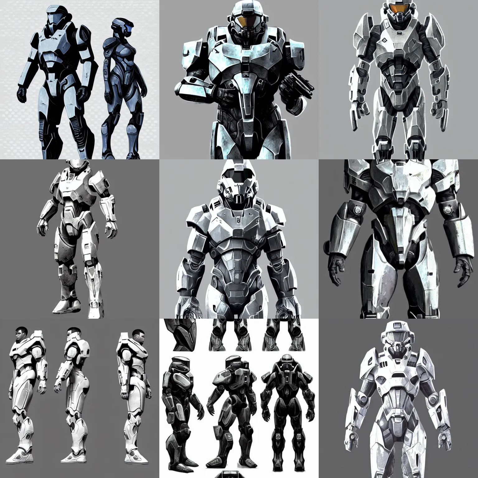 Prompt: concept art, game assets, form fitting power armor for men and women, highly realistic, mass effect, halo master chief, white background, intricate, elegant, artstation, white background