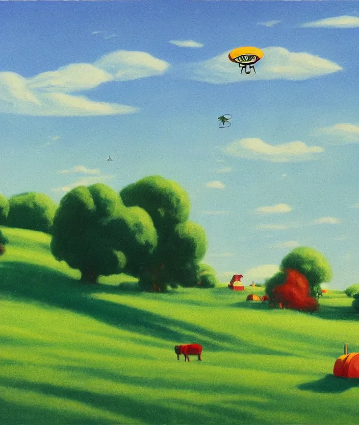 Image similar to a highly detailed painting of a stylized cartoon ufo over a meadow, there are cows on the meadow, one cow is being beamed up by an ufo, ufo has green light beam, very fine brush strokes, baby blue sky with aesthetic clouds, in the style of edward hopper, 4 k,