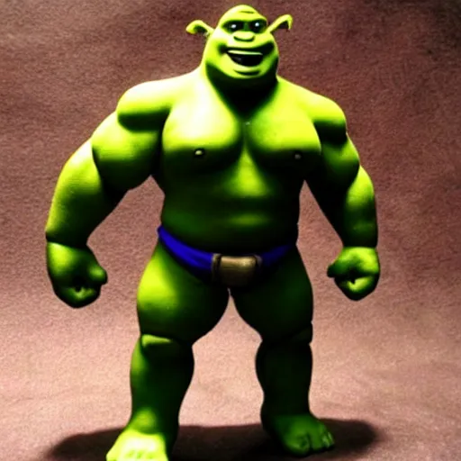 Image similar to a muscular shrek action figure that was released in 2 0 0 8 and is made out of cheap plastic looks really cheap and poorly made and is being sold on ebay