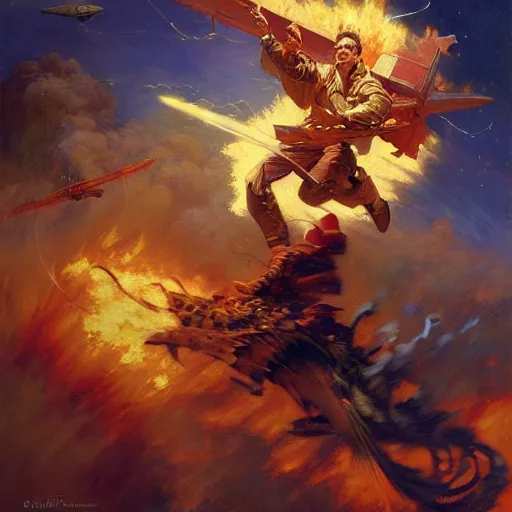 Prompt: stunning male master wizard destroying aircraft by his fire spell, highly detailed painting by gaston bussiere, craig mullins, j. c. leyendecker, 8 k