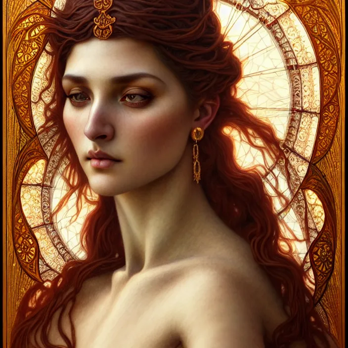 Image similar to ancient queen hulya avsar, symetrical, diffuse lighting, fantasy, intricate, elegant, highly detailed, lifelike, photorealistic, digital painting, artstation, illustration, concept art, 4 k, smooth, sharp focus, art by john collier and albert aublet and krenz cushart and artem demura and alphonse mucha