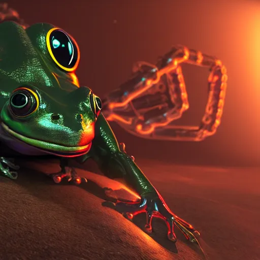 Prompt: a biomechanical cybertronic frog, large glowing eyes, futuristic, octane render