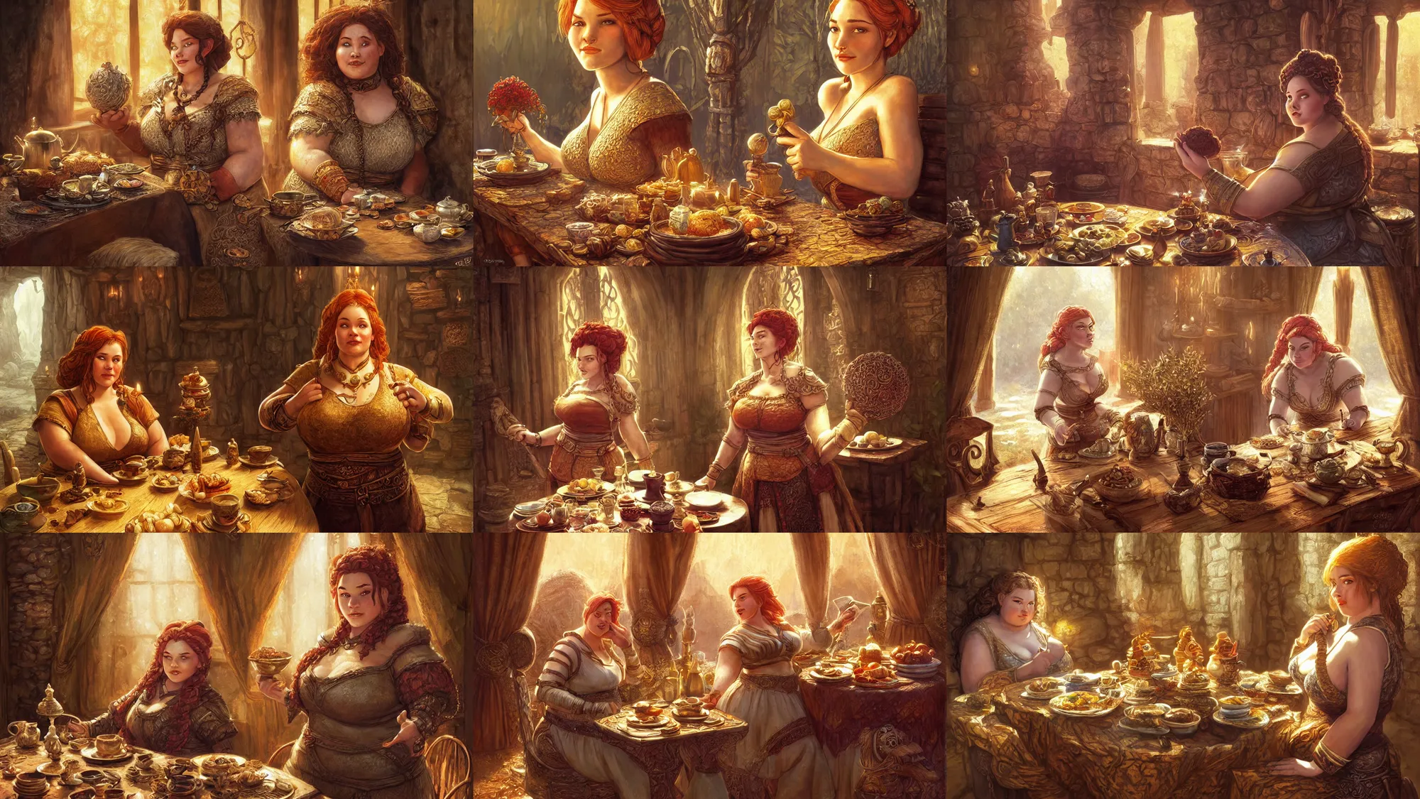 Prompt: an elegant chubby dwarven woman before a beautiful breakfast table, d & d dragon age warcraft, big nose, neat braided hair, afternoon time, cozy, cheerful atmosphere, golden hour, intricate, by greg staples and elsa beskow
