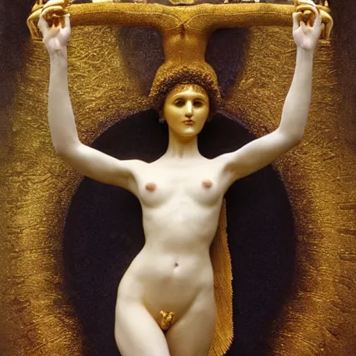 Prompt: sponge sculpture of hel goddess of the death, viking culture, intricate, elegant, digital painting, smooth, sharp focus, shiny gold, realistic gold, realistic metal, by william - adolphe bouguereau and gustav klimt,