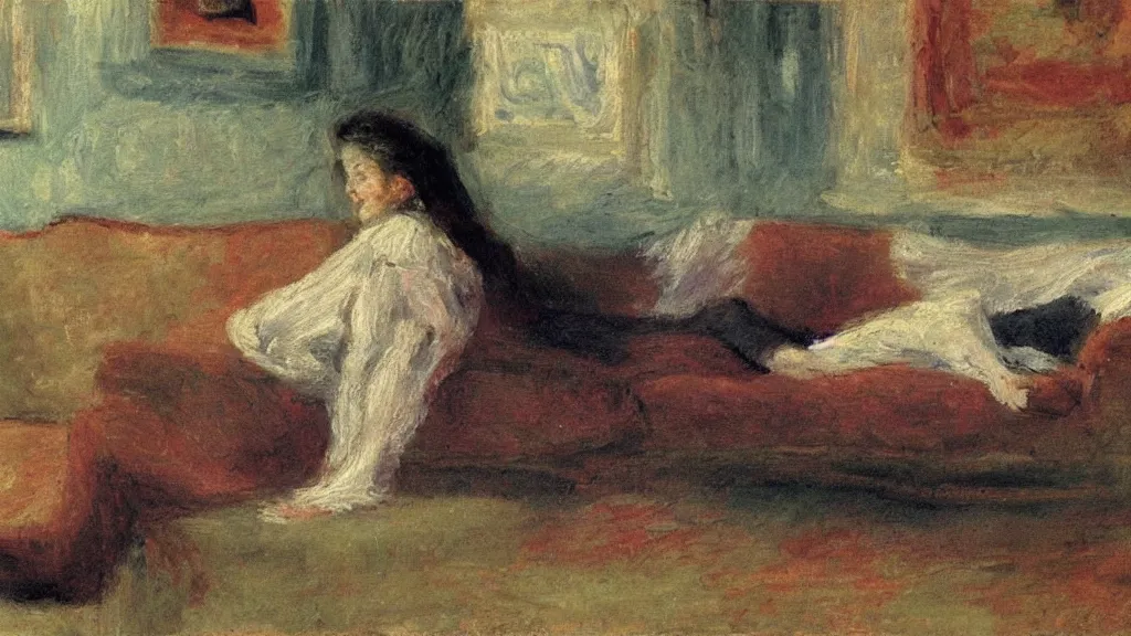 Prompt: a woman resting on a sofa. impressionism.