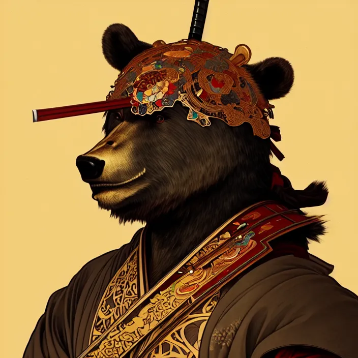 Prompt: anthropomorphic samurai bear, diffuse lighting, fantasy, intricate, highly detailed, lifelike, photorealistic, digital painting, artstation, illustration, concept art, smooth, sharp focus, art by alphonse mucha and stan sakai