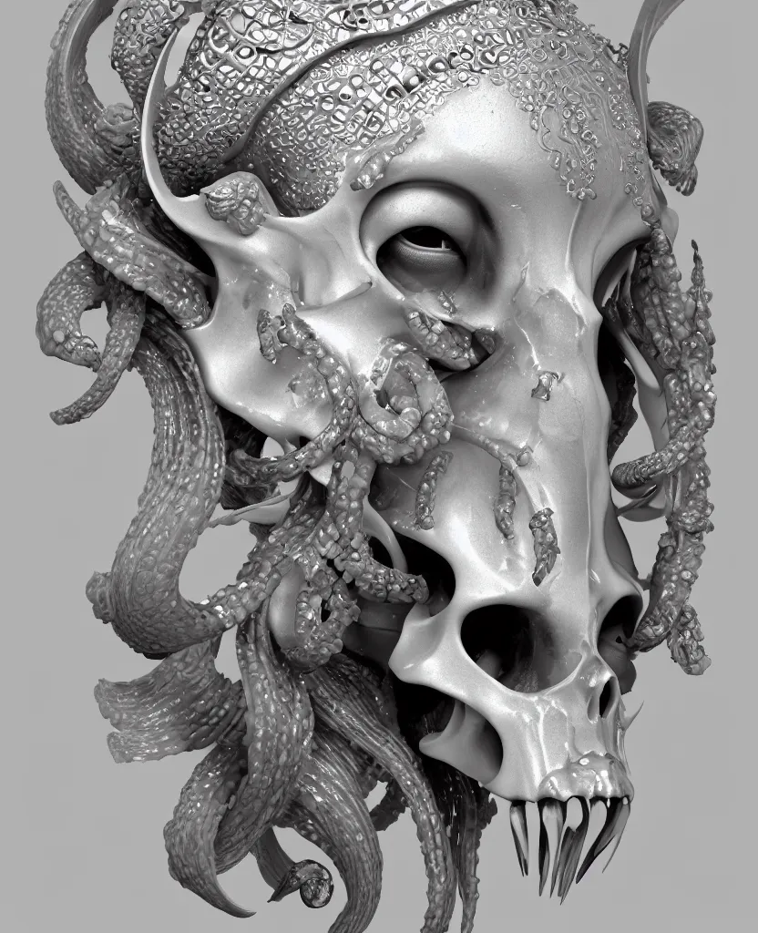 Image similar to goddess princess face close-up portrait ram skull. hard surface modelling zbrush. jellyfish phoenix head, nautilus, orchid, skull, betta fish, bioluminiscent creatures, intricate artwork by Tooth Wu and wlop and beeple. octane render, trending on artstation, greg rutkowski very coherent symmetrical artwork. cinematic, hyper realism, high detail, octane render, 8k