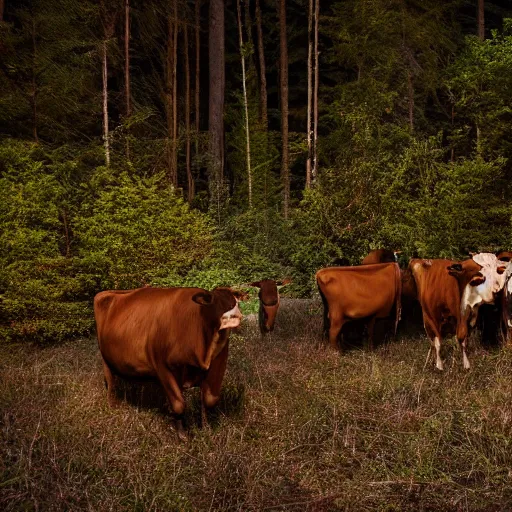 Image similar to DLSR photograph of several cows looking at the camera, in creepy forest, night-time, low lighting, eyes glinting