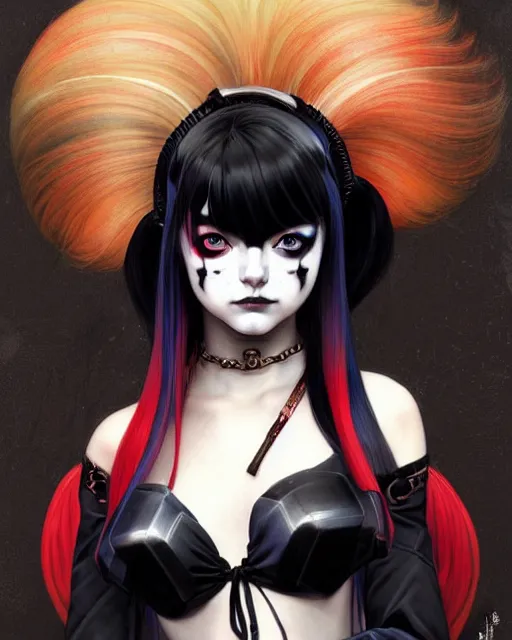 Prompt: portrait of beautiful cute young goth maiden anime harley quinn girl looks like emma stone in warhammer mechanical armor, high details, art by ( ( ( kuvshinov ilya ) ) ) and wayne barlowe and gustav klimt and artgerm and wlop and william - adolphe bouguereau