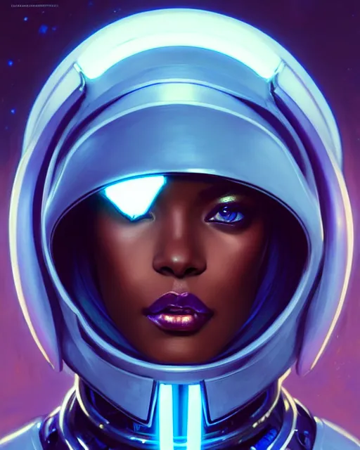 Image similar to Portrait of very very very very very very beautiful black woman, spacesuit, futuristic cybernetic helmet, blue eyes, real life skin, intricate, elegant, highly detailed, artstation, concept art, smooth, sharp focus, art by artgerm and greg rutkowski and alphonse mucha