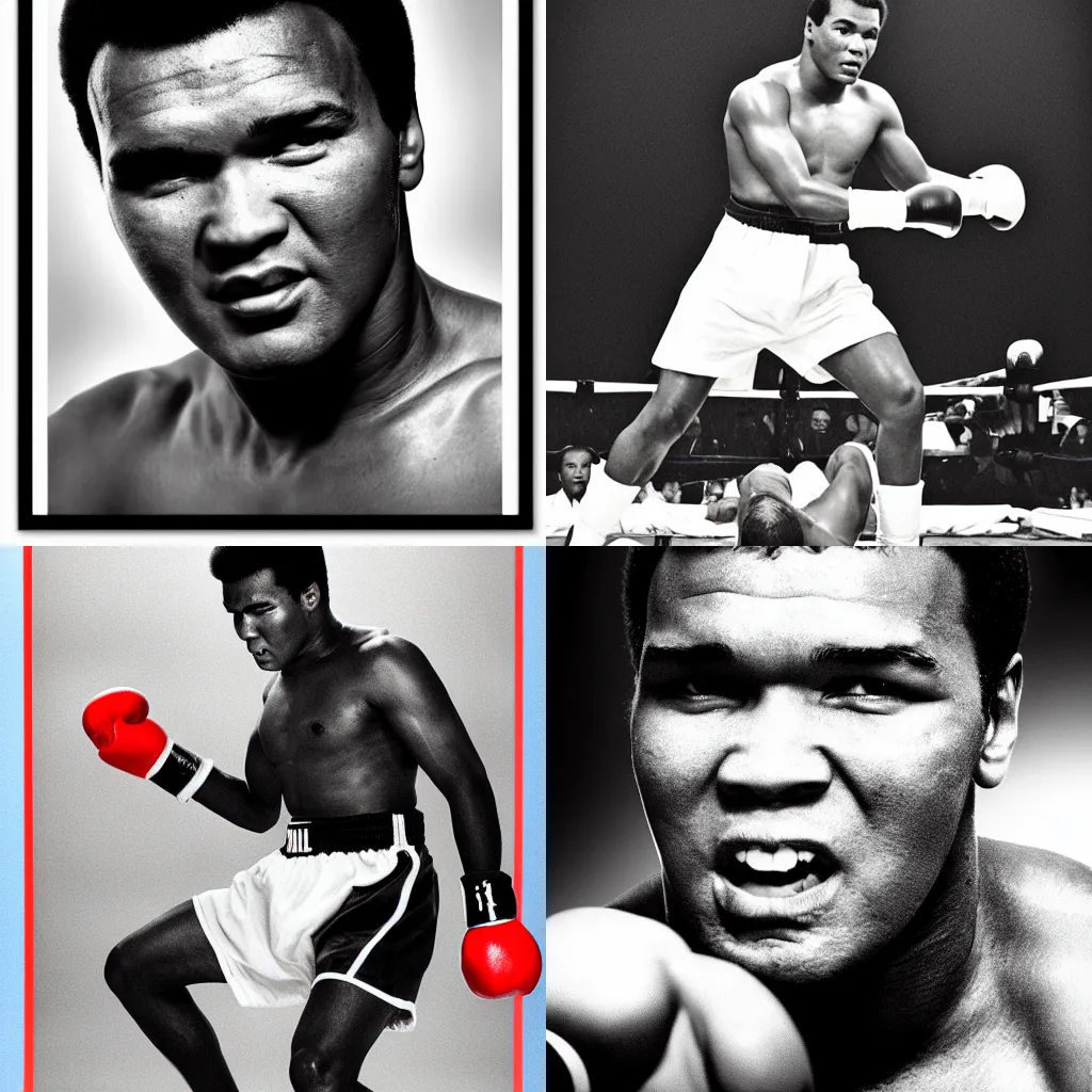 Prompt: Mohammed Ali portrait, color splash, Fast shutter speed, high speed, action photo, Sports Illustrated
