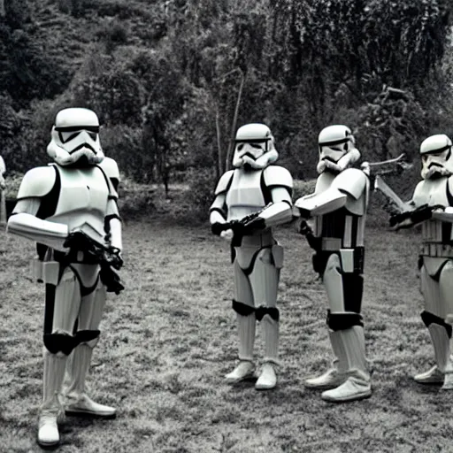 Prompt: star wars clone troopers offer aid to soldiers in vietnam, photo, old picture, lush landscape, field, firearms, war, bombs,