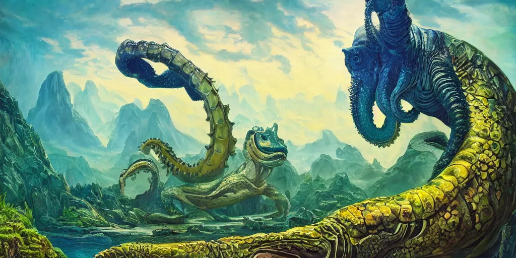 Image similar to fantasy oil painting, great leviathan, cybernetic turtle cephalopod terrapin reptilian pachyderm squid, bella hadid, hybrid, milla jovovich, anubis, epic natural light, lush plants flowers, spectacular mountains, bright clouds, luminous sky, outer worlds, golden hour, michael cheval, edward hopper, michael whelan, vray, hd