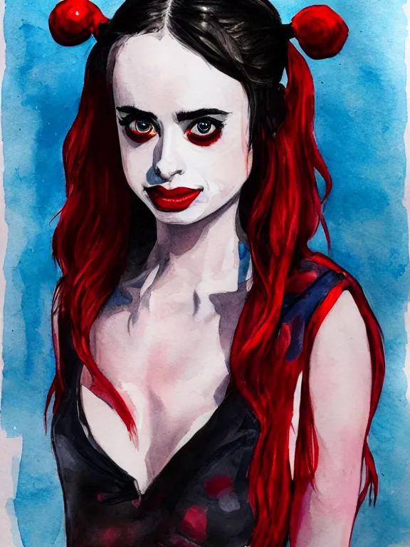 Image similar to portrait of a young krysten ritter as harley quinn, closing her eyes, aquarelle, realistic painting, freckles, 1 / 4 headshot