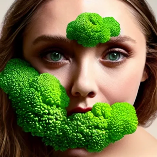 Image similar to elizabeth olsen has a [ [ head made of broccoli for a face ] ]!!, trending on cgsociety, 4 k quality, intricate