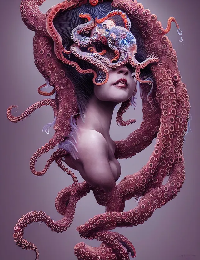 Prompt: 3 d goddess octopus half - turn portrait with long hair with ram skull. beautiful intricately detailed japanese crow kitsune mask and clasical japanese kimono. betta fish, jellyfish phoenix, bio luminescent, plasma, ice, water, wind, creature, artwork by tooth wu and wlop and beeple and greg rutkowski