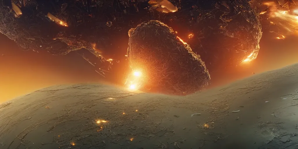 Prompt: view from 2 5 0 million miles in distance. a highly accurate depiction of earth slowly broken open, exploding, and pieces are floating apart. florida cyberpunk crab descendants bigger than the earth are smushing it in their massive claws. dramatic lighting, highly coherent, highly detailed, epic, digital art, valerian, silent running, fifth element, octane 3 d render.